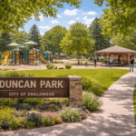 Duncan Park playground with pavilion and trees