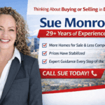 Smiling real estate agent with city skyline