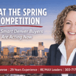 Smiling realtor with Denver skyline and text