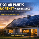 House with rooftop solar panels at sunset