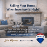 Staged living room with fireplace, real estate ad