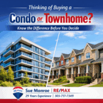 Condo building contrasted with suburban townhomes