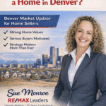 Smiling realtor with Denver skyline and text