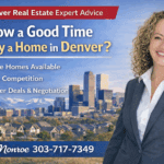 Smiling woman beside Denver skyline real estate ad