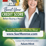 Smiling woman with credit score and house