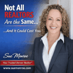 Smiling female realtor portrait with promotional text