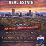 Real estate advertisement with city skyline.