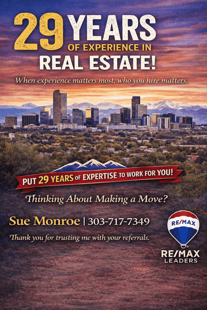 Real estate advertisement with city skyline.