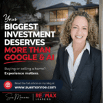 Real estate advertisement with smiling woman.
