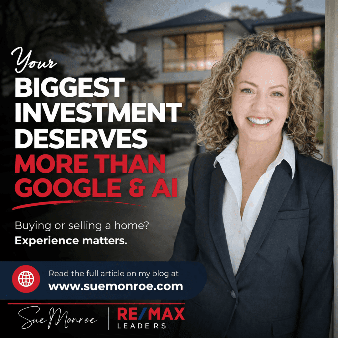 Real estate advertisement with smiling woman.
